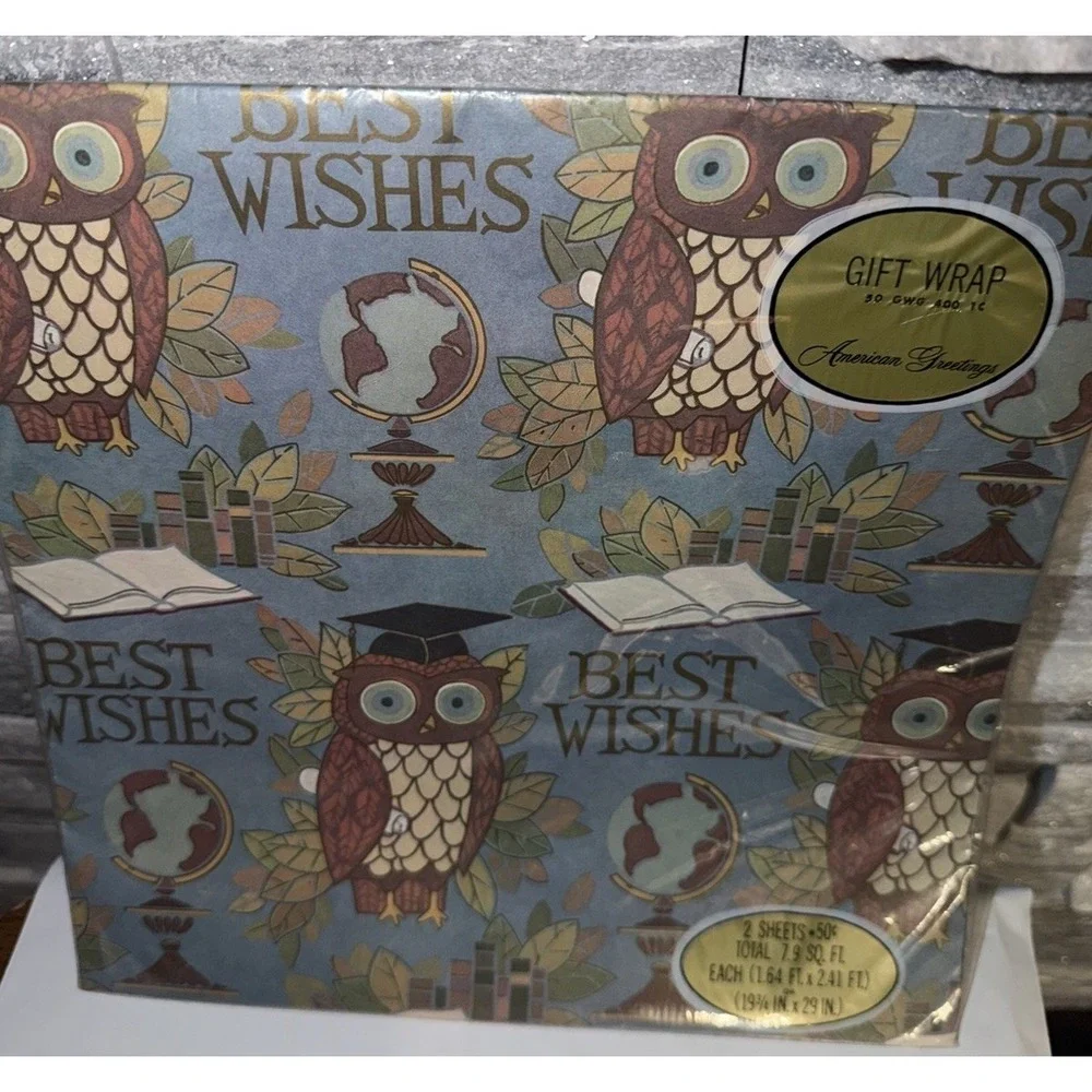 Vintage american greetings owl wrapping paper Best Wishes 2 sheets 7.9 sq. feet